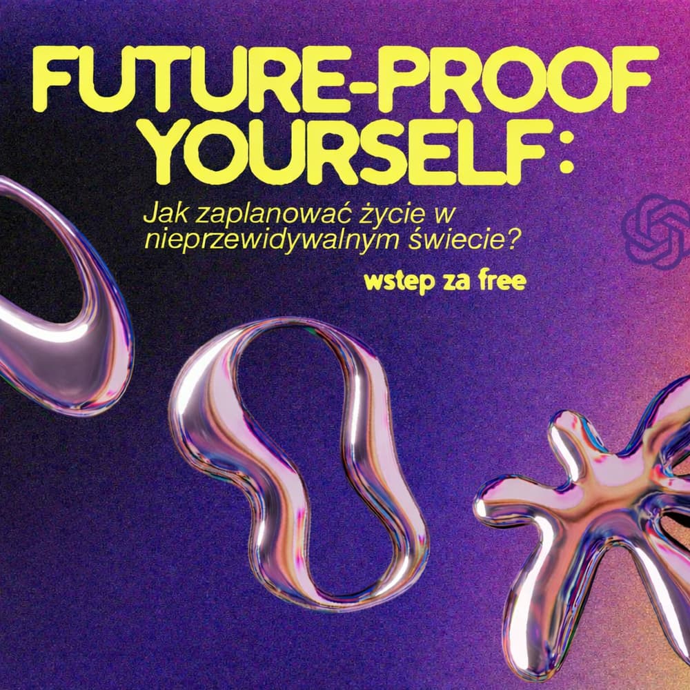 Plakat Future-Proof Yourself — chrome liquid metal na fioletowym tle
